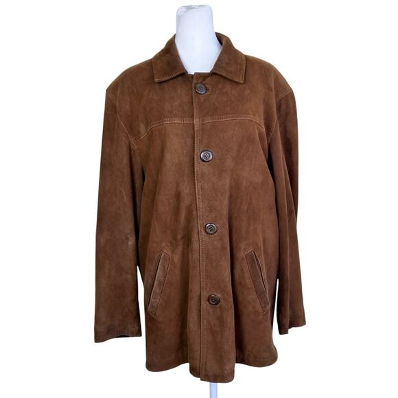 Mens Sz S Vintage 90s Brown Suede Jacket Button Front boxy Fit Hip Length Worn - Picture 1 of 16